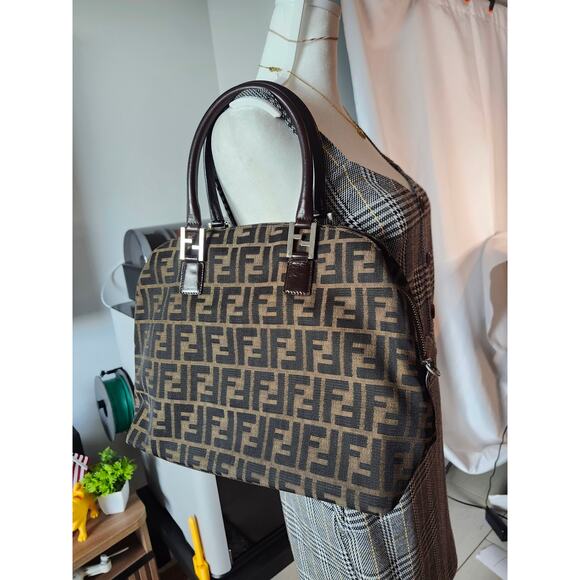 Fendi Zucca Canvas Dome Satchel Handbag Brown Leather Trim FF Silver Hardware - Picture 4 of 16